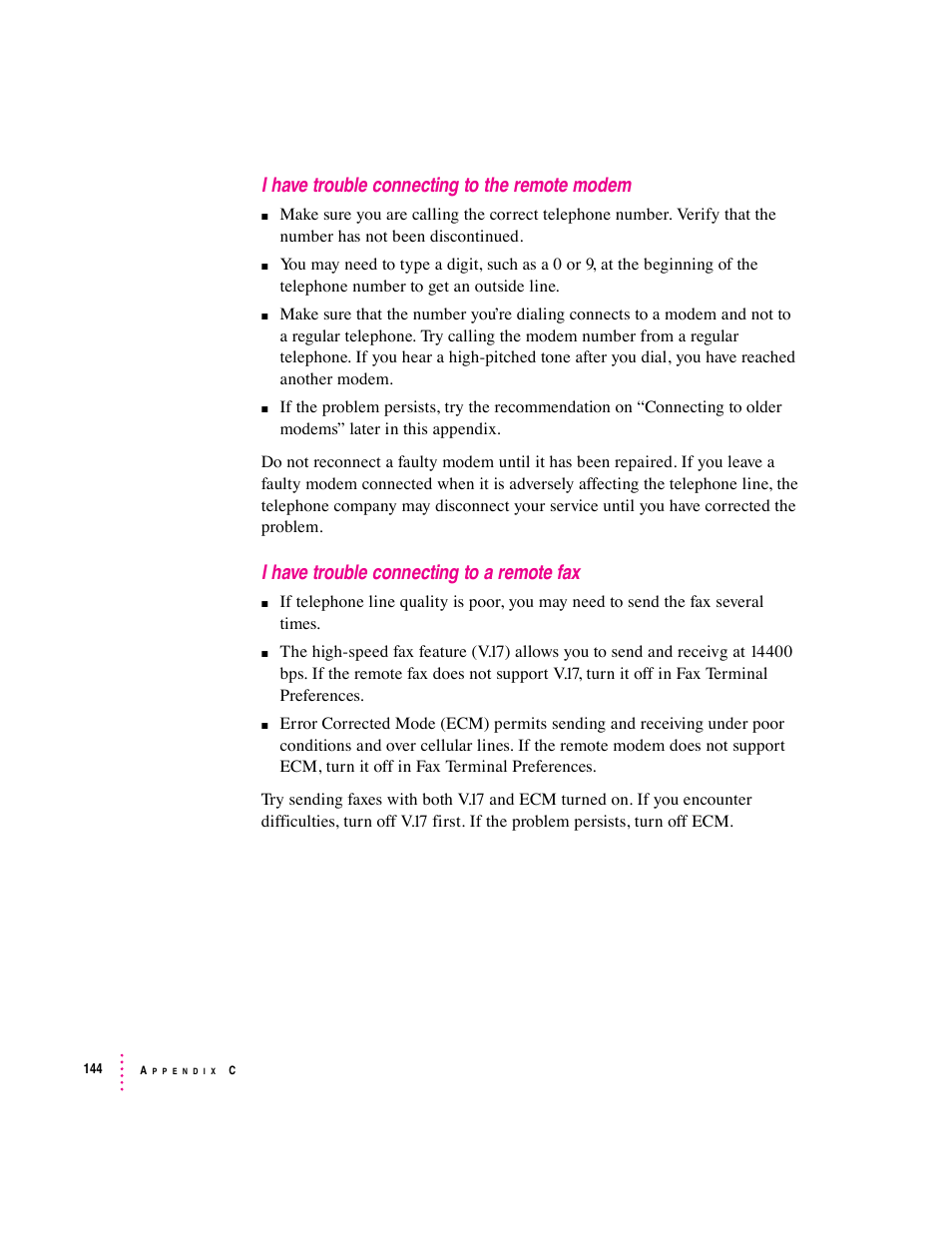 I have trouble connecting to the remote modem, I have trouble connecting to a remote fax | Apple Express Fax/Modem User Manual | Page 156 / 185