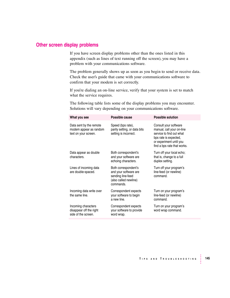 Other screen display problems | Apple Express Fax/Modem User Manual | Page 157 / 185