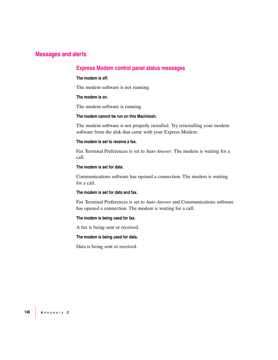 Messages and alerts, Express modem control panel status messages | Apple Express Fax/Modem User Manual | Page 158 / 185