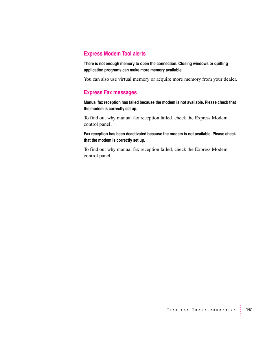 Express modem tool alerts, Express fax messages | Apple Express Fax/Modem User Manual | Page 159 / 185