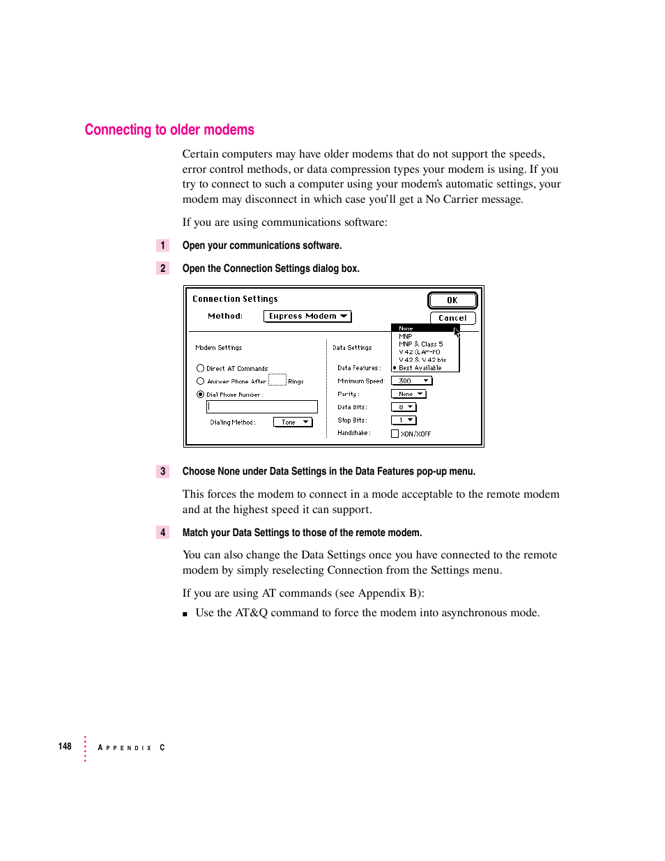 Connecting to older modems | Apple Express Fax/Modem User Manual | Page 160 / 185