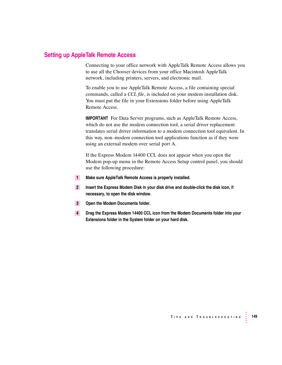 Setting up appletalk remote access | Apple Express Fax/Modem User Manual | Page 161 / 185