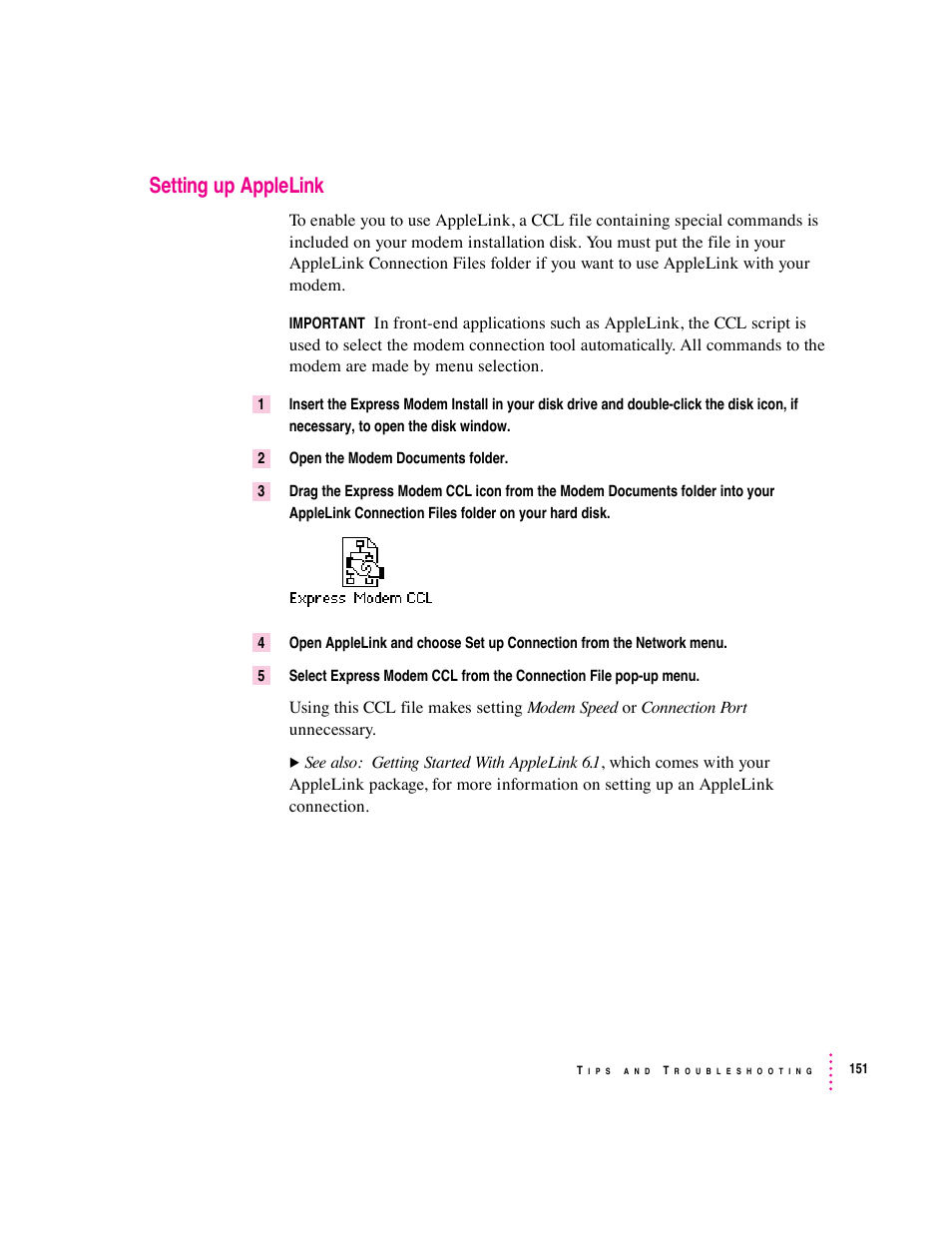 Setting up applelink | Apple Express Fax/Modem User Manual | Page 163 / 185