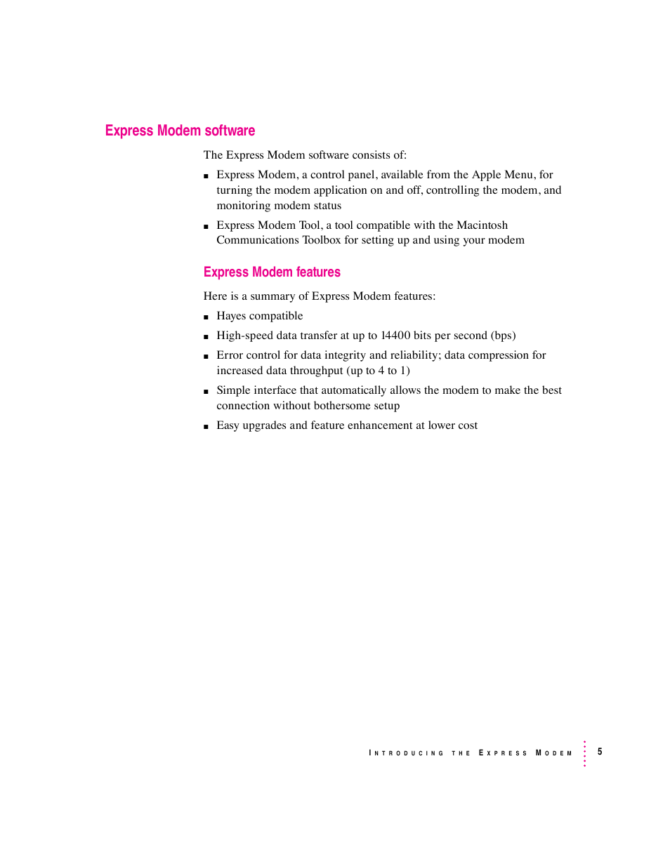 Express modem software, Express modem features | Apple Express Fax/Modem User Manual | Page 17 / 185