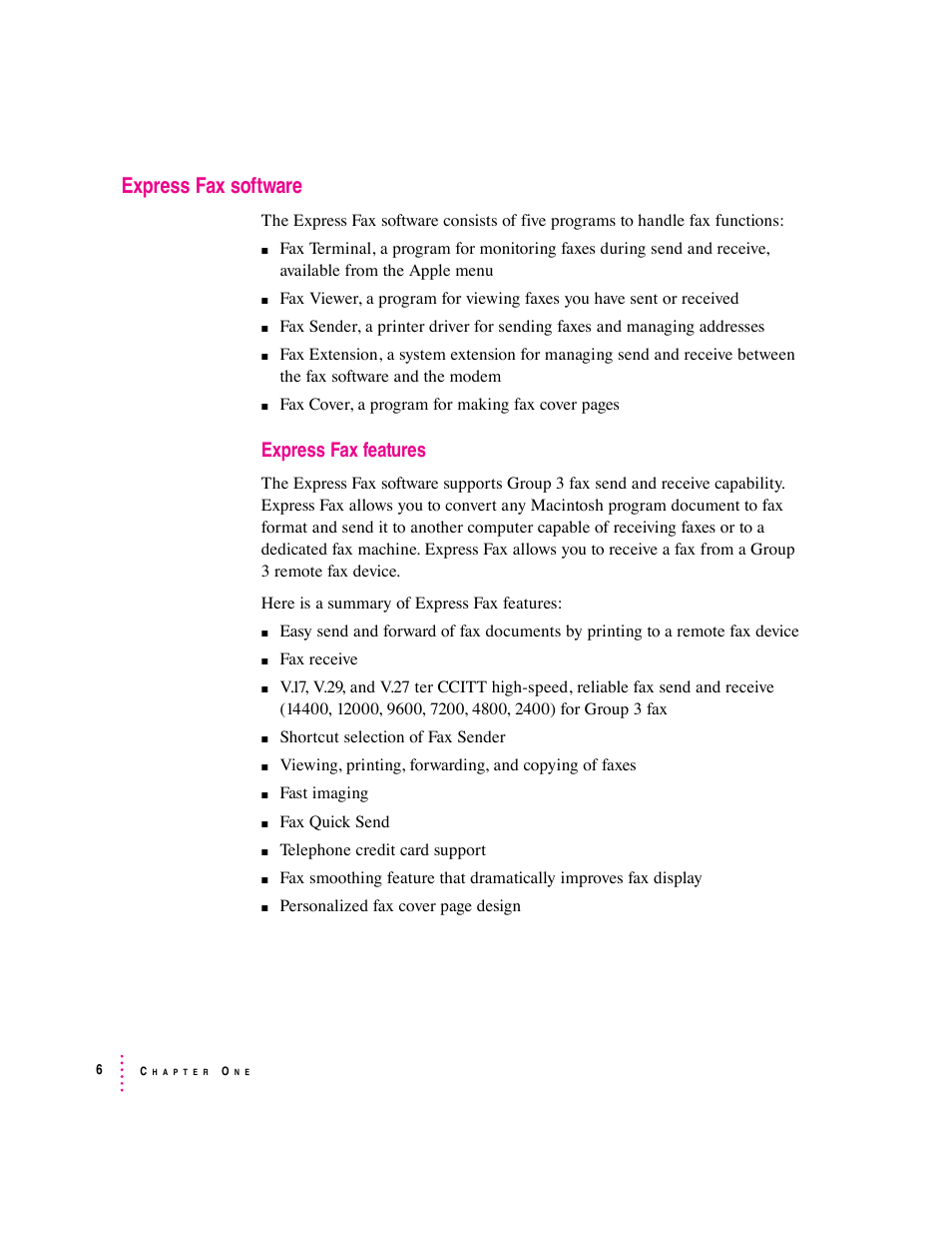 Express fax software, Express fax features | Apple Express Fax/Modem User Manual | Page 18 / 185