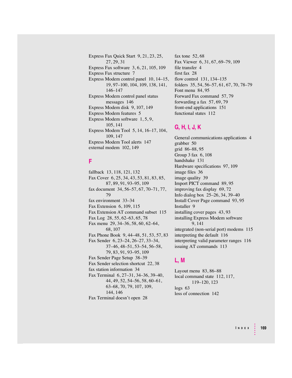 G, h, i, j, k, L, m | Apple Express Fax/Modem User Manual | Page 181 / 185