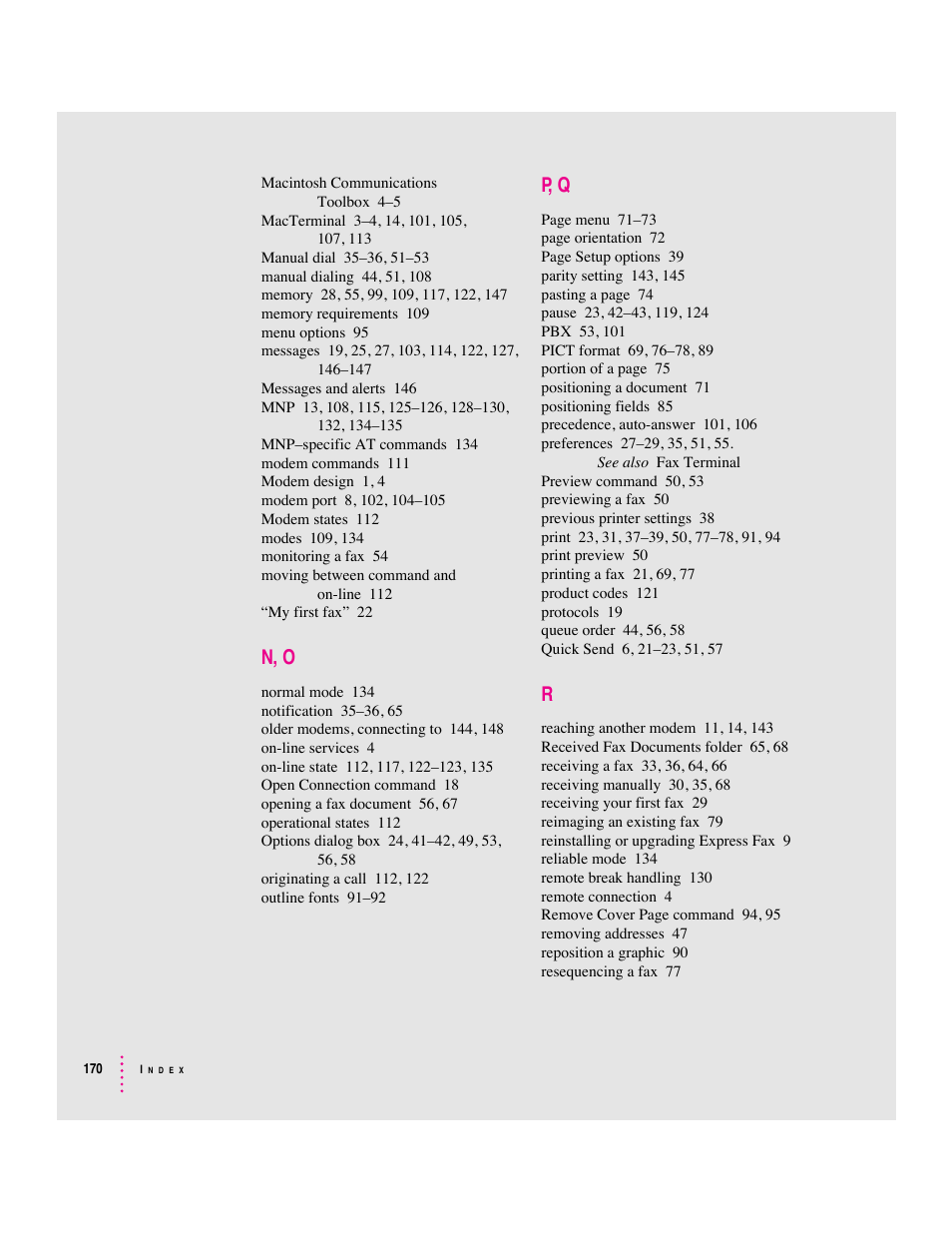 N, o, P, q | Apple Express Fax/Modem User Manual | Page 182 / 185