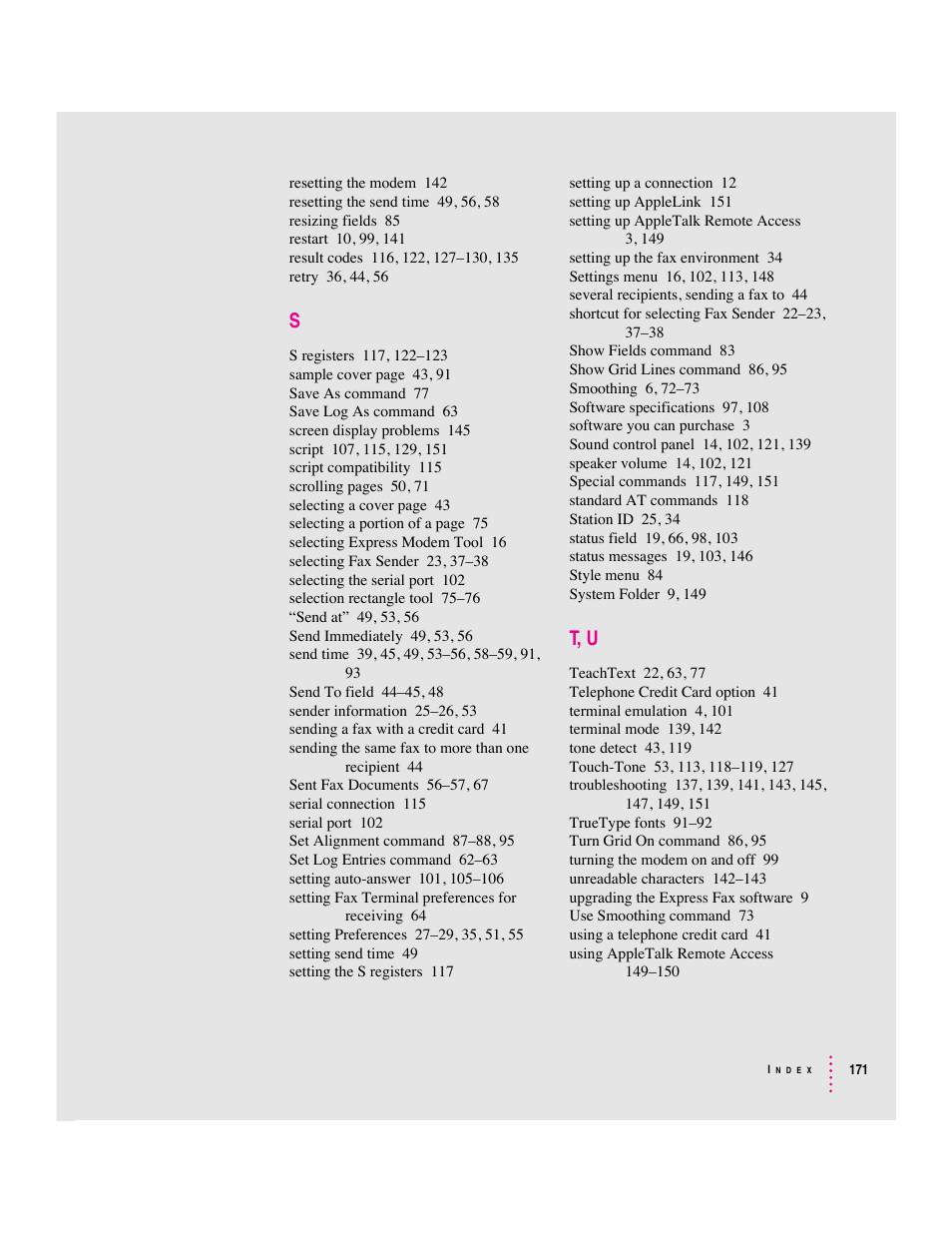 T, u | Apple Express Fax/Modem User Manual | Page 183 / 185