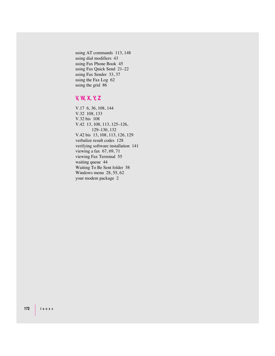 V, w, x, y, z | Apple Express Fax/Modem User Manual | Page 184 / 185