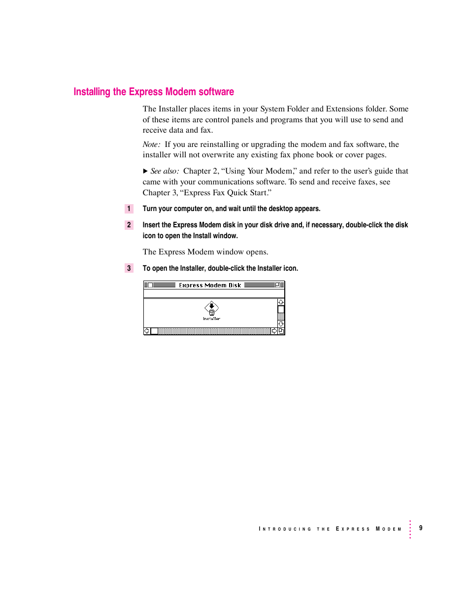 Installing the express modem software | Apple Express Fax/Modem User Manual | Page 21 / 185