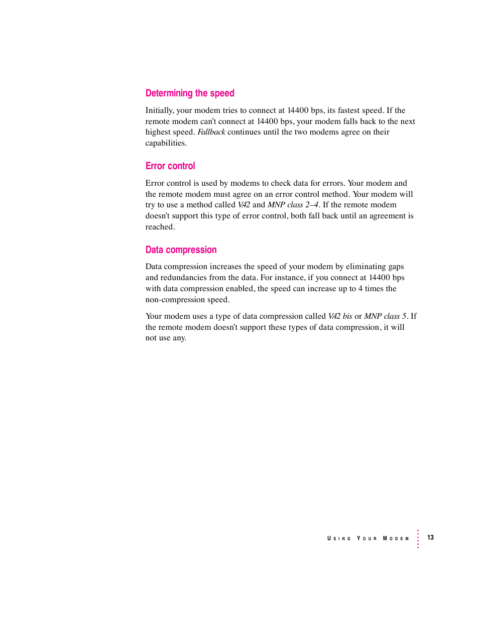 Determining the speed, Error control, Data compression | Apple Express Fax/Modem User Manual | Page 25 / 185