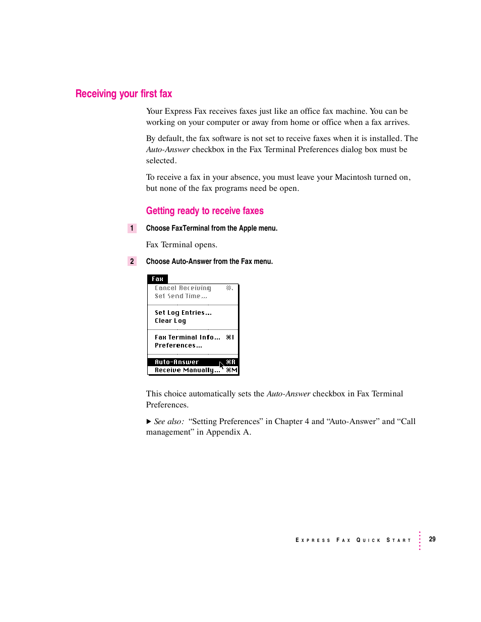 Receiving your first fax, Getting ready to receive faxes | Apple Express Fax/Modem User Manual | Page 41 / 185