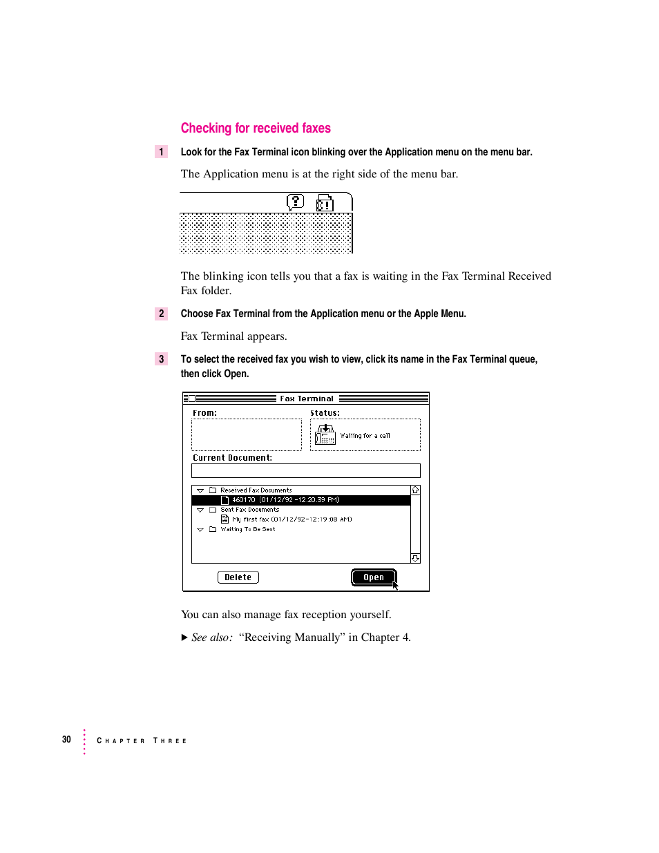 Checking for received faxes | Apple Express Fax/Modem User Manual | Page 42 / 185