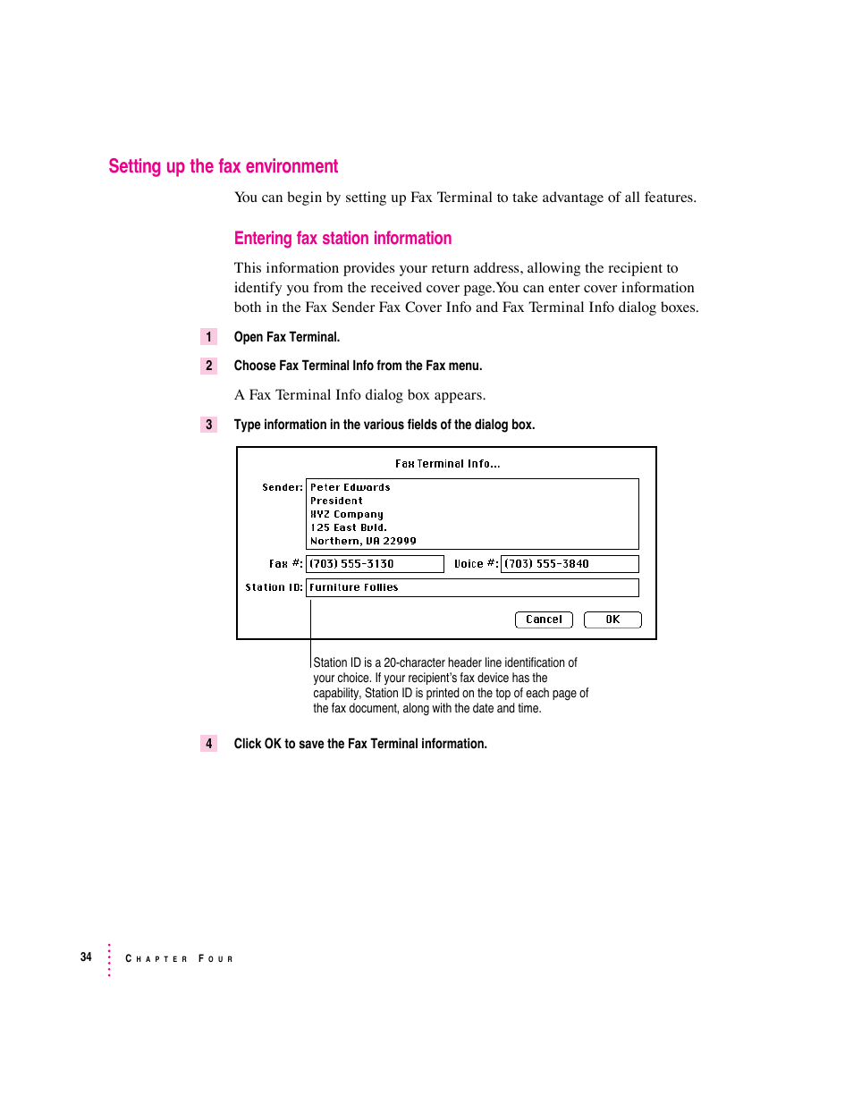 Setting up the fax environment, Entering fax station information | Apple Express Fax/Modem User Manual | Page 46 / 185