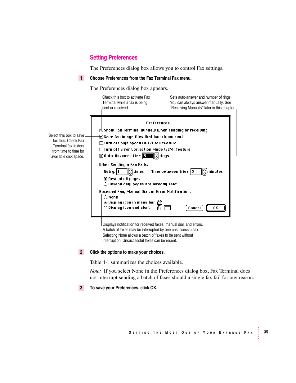 Setting preferences, The preferences dialog box appears | Apple Express Fax/Modem User Manual | Page 47 / 185