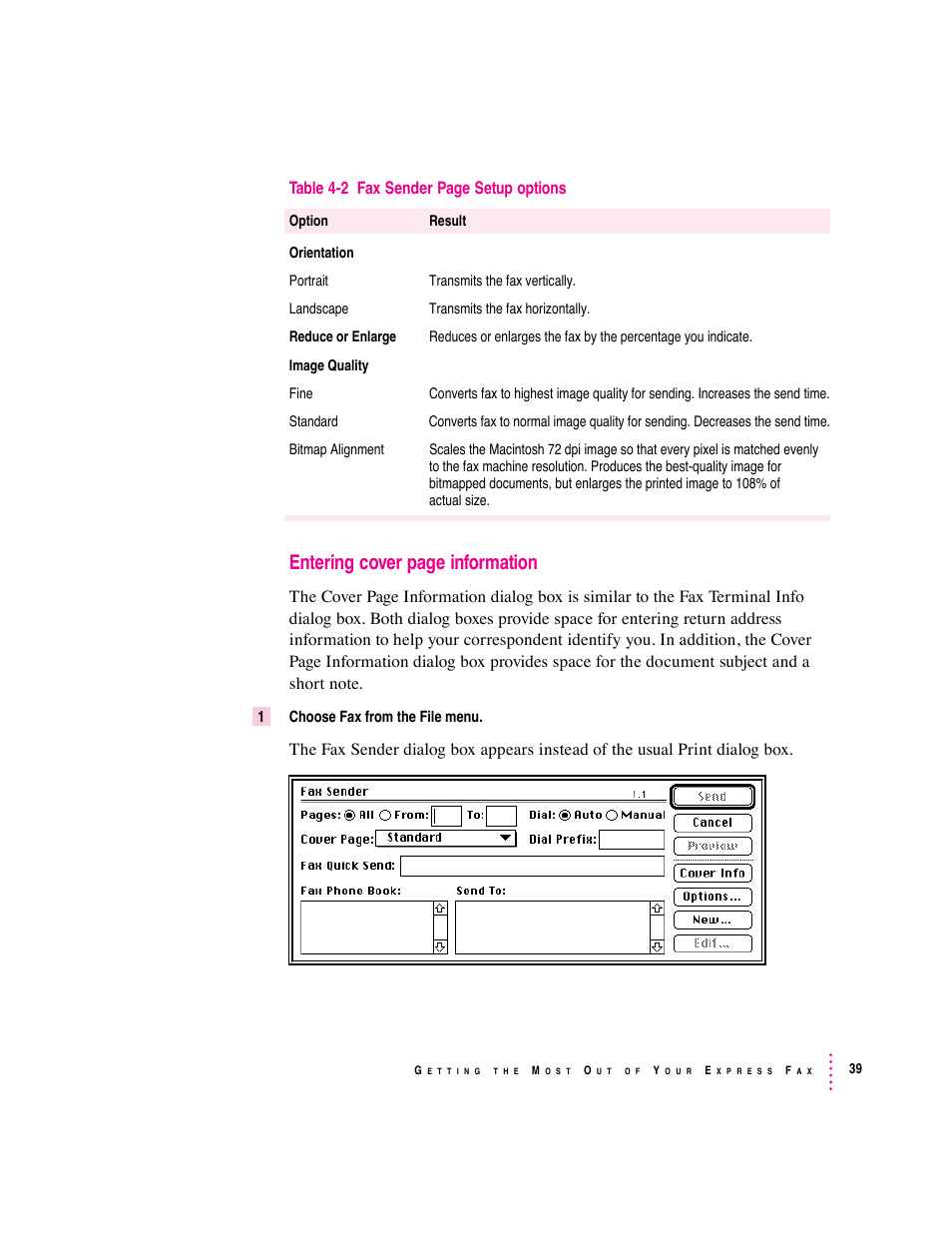 Entering cover page information, Table 4-2 fax sender page setup options | Apple Express Fax/Modem User Manual | Page 51 / 185