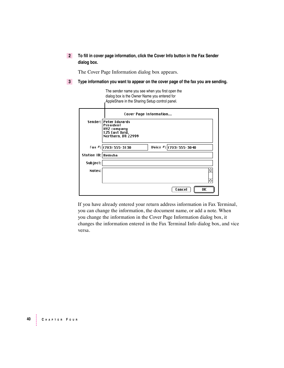 The cover page information dialog box appears | Apple Express Fax/Modem User Manual | Page 52 / 185