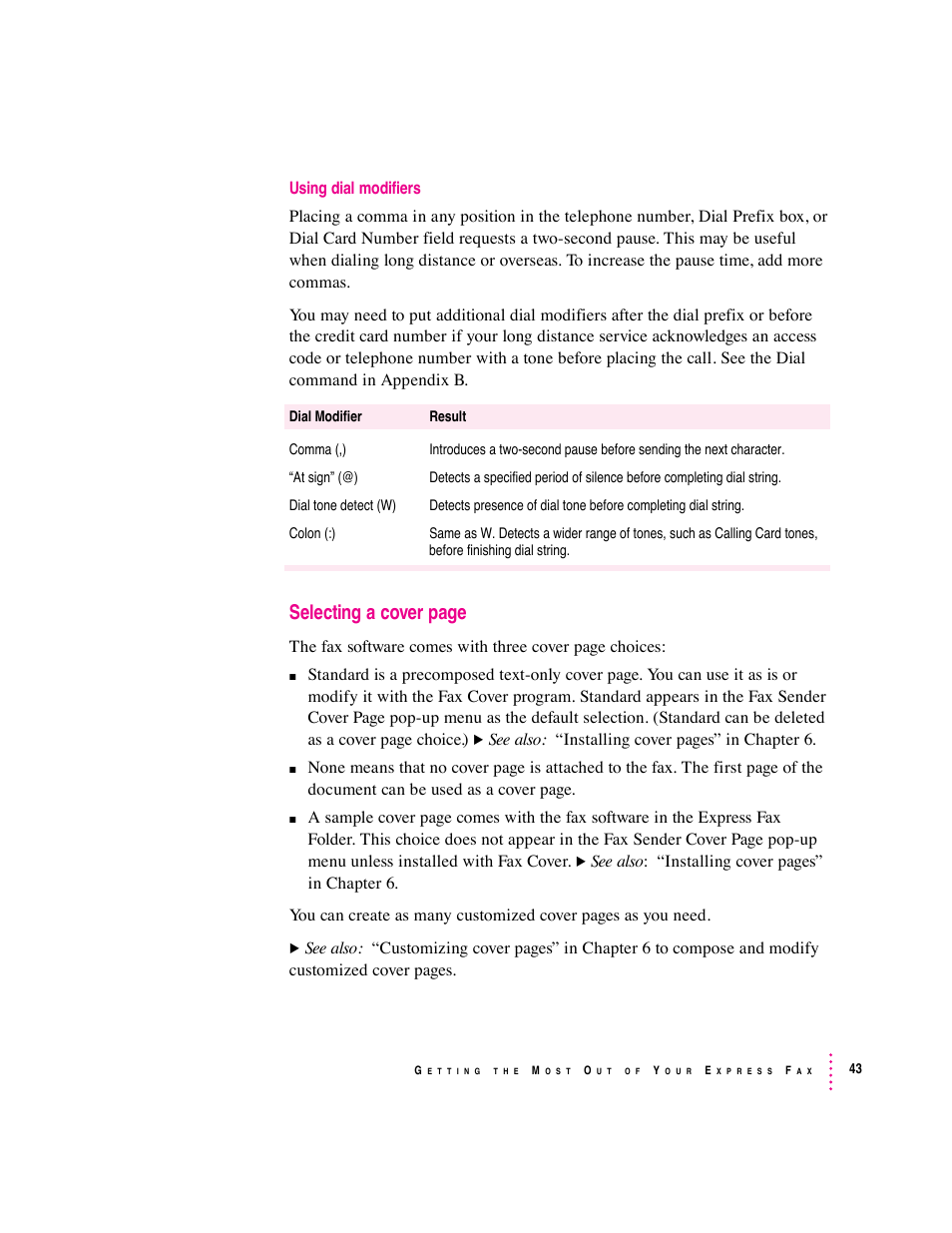 Selecting a cover page | Apple Express Fax/Modem User Manual | Page 55 / 185