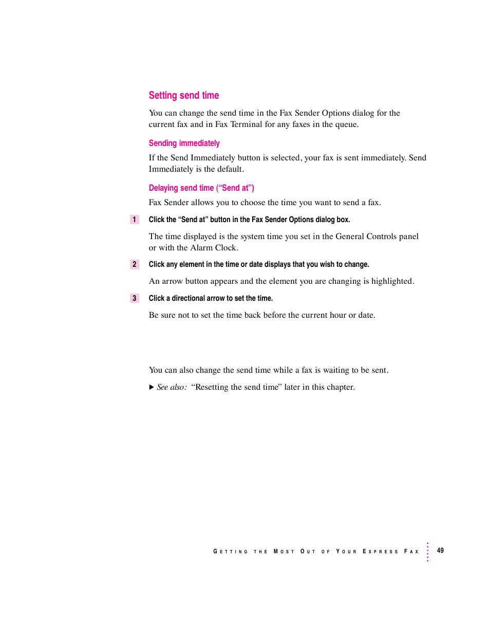 Setting send time | Apple Express Fax/Modem User Manual | Page 61 / 185