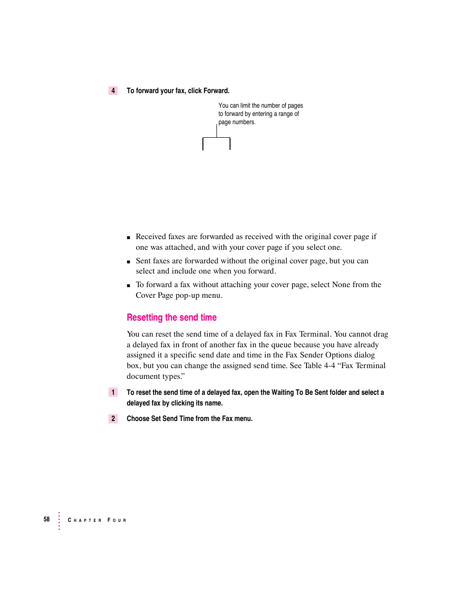 Resetting the send time | Apple Express Fax/Modem User Manual | Page 70 / 185