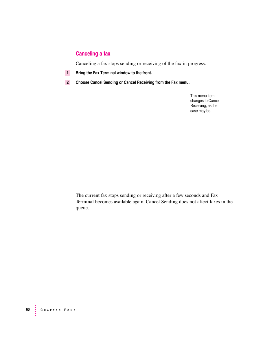 Canceling a fax | Apple Express Fax/Modem User Manual | Page 72 / 185