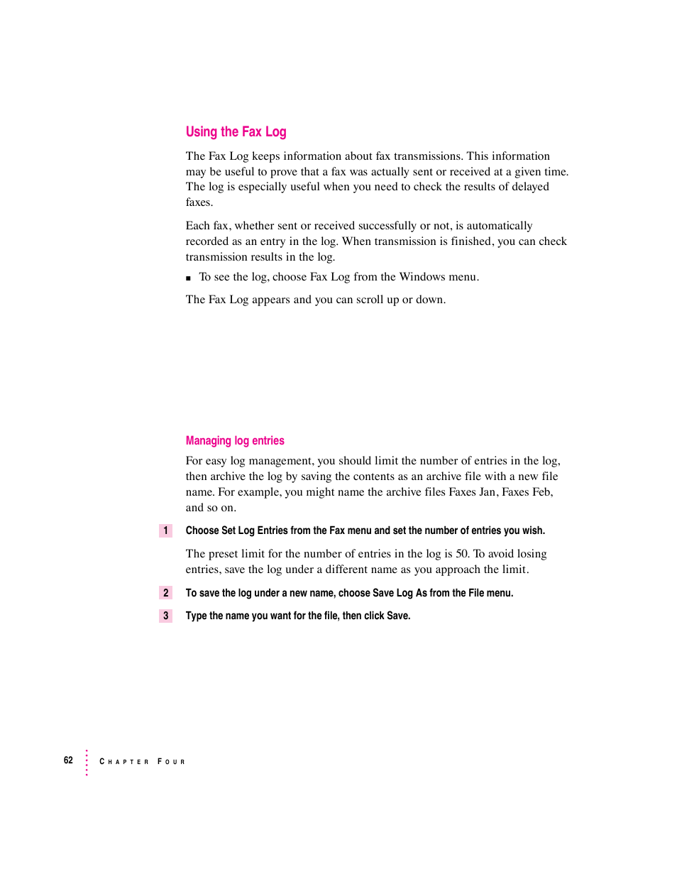 Using the fax log | Apple Express Fax/Modem User Manual | Page 74 / 185