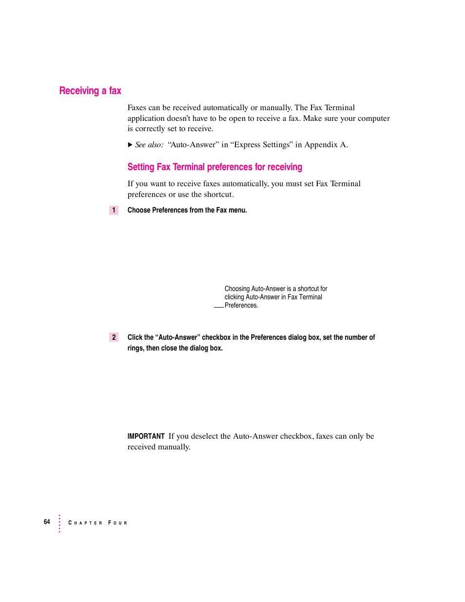 Receiving a fax, Setting fax terminal preferences for receiving | Apple Express Fax/Modem User Manual | Page 76 / 185