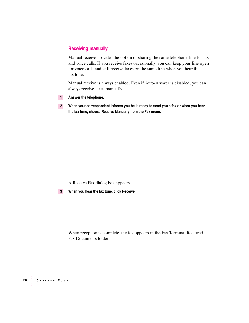 Receiving manually | Apple Express Fax/Modem User Manual | Page 80 / 185