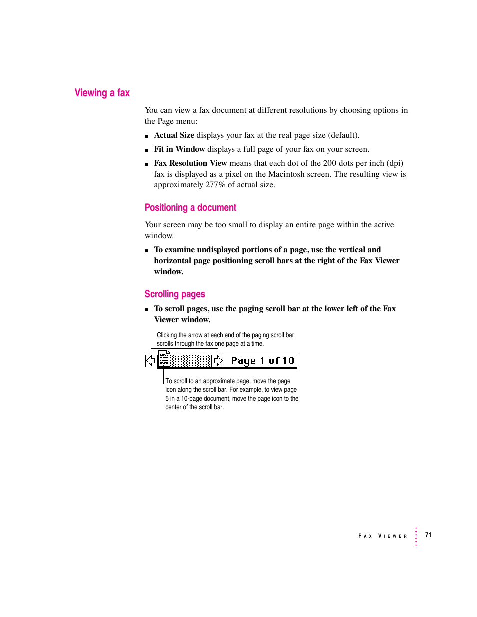 Viewing a fax, Positioning a document, Scrolling pages | Apple Express Fax/Modem User Manual | Page 83 / 185