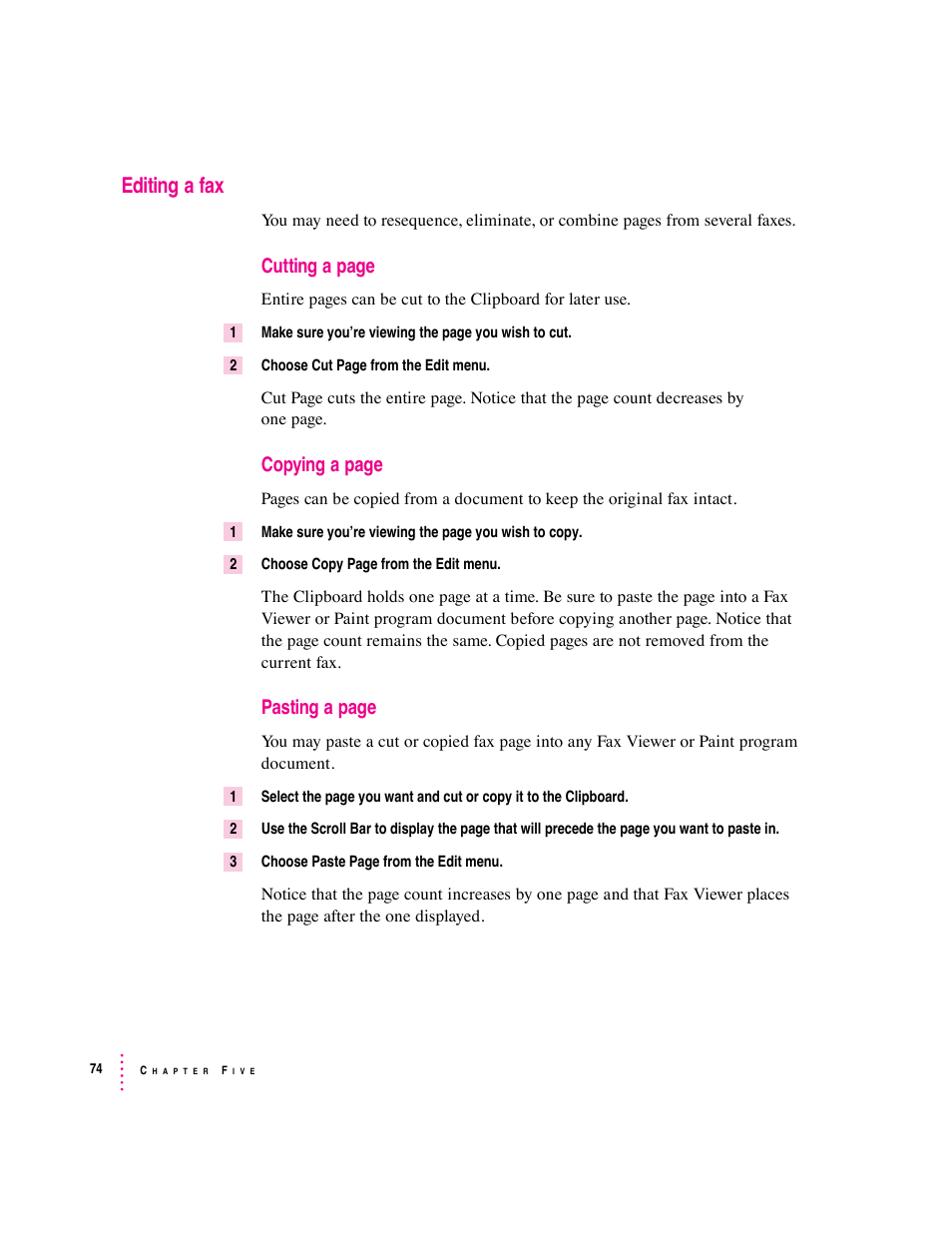 Editing a fax, Cutting a page, Copying a page | Pasting a page | Apple Express Fax/Modem User Manual | Page 86 / 185