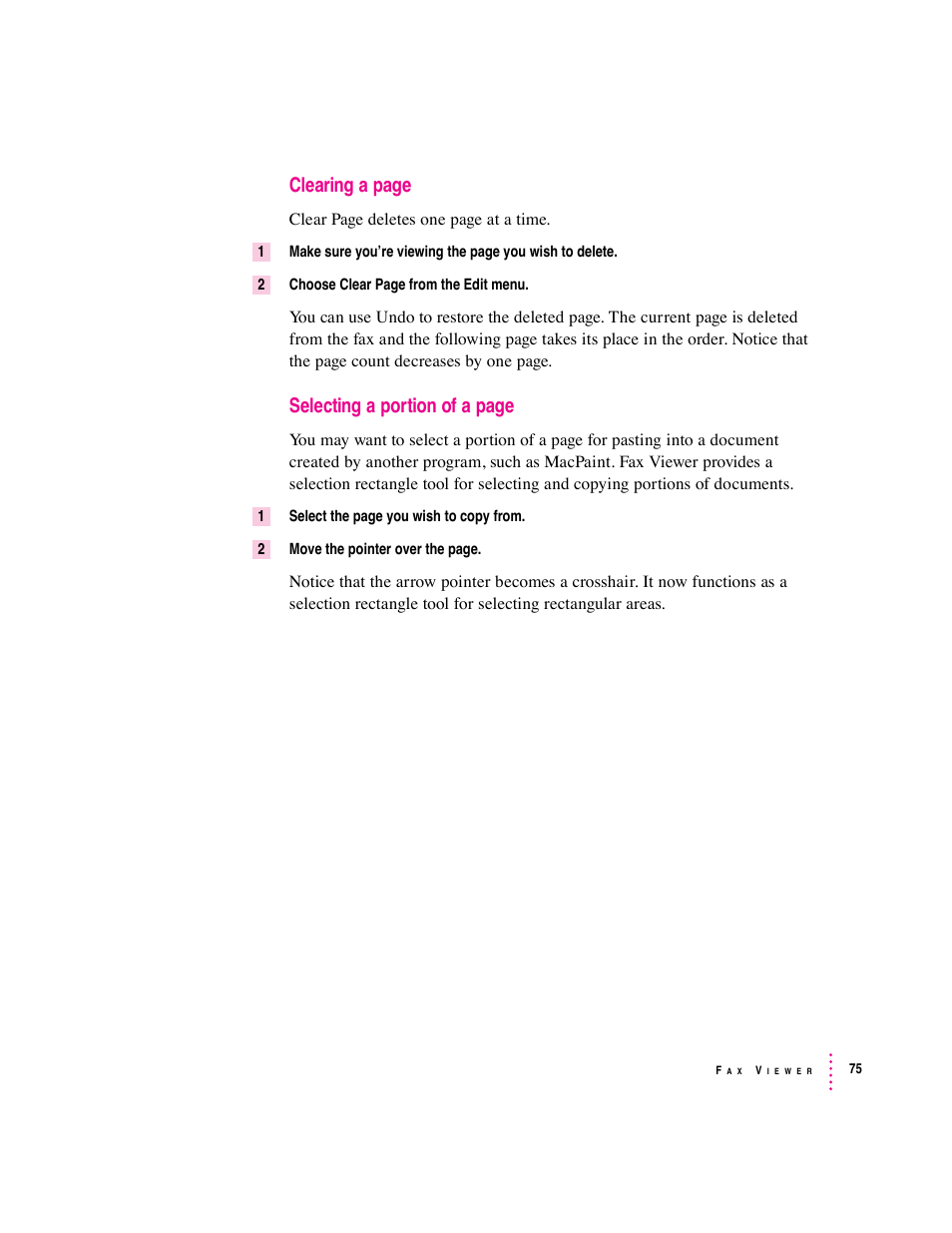 Clearing a page, Selecting a portion of a page | Apple Express Fax/Modem User Manual | Page 87 / 185