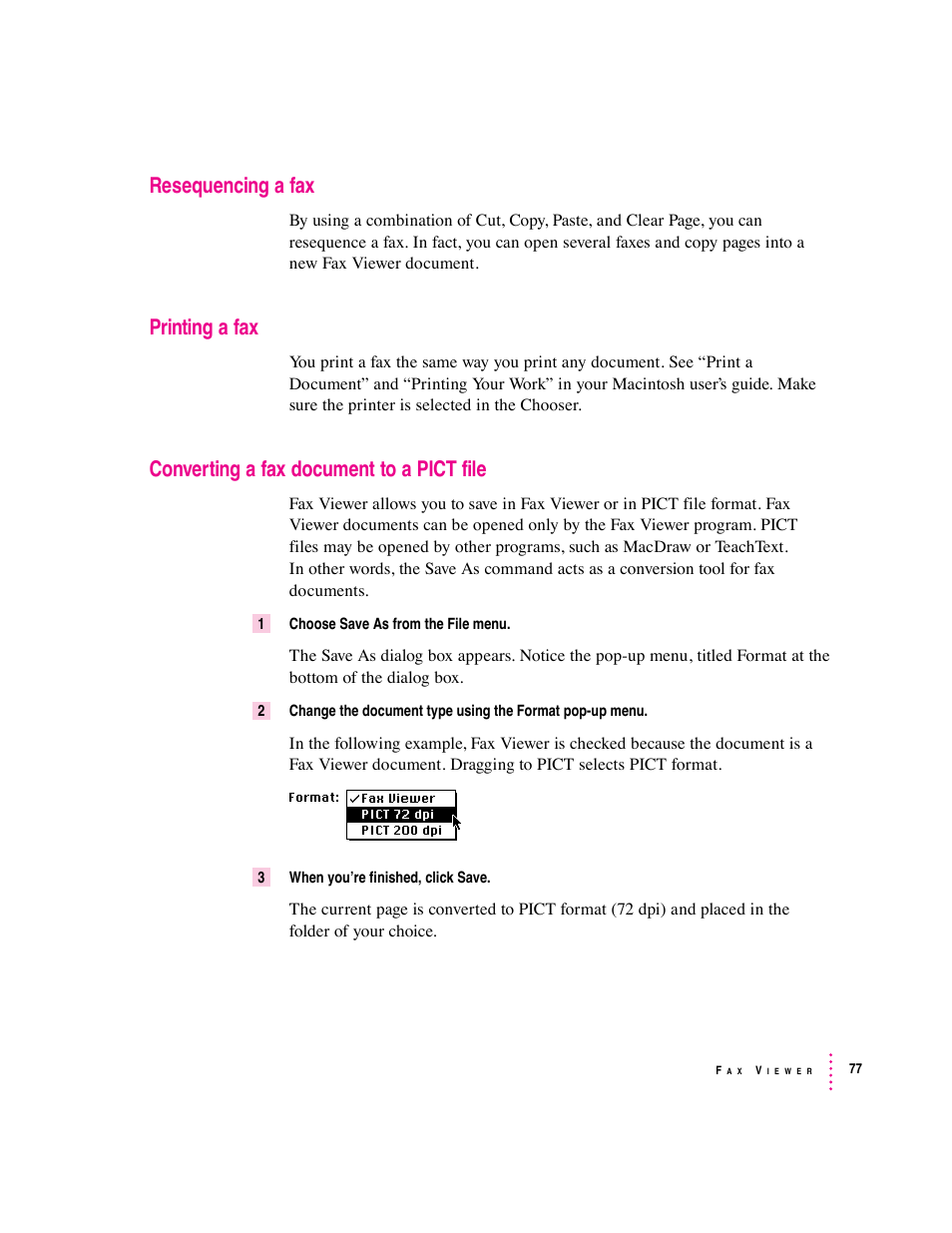 Resequencing a fax, Printing a fax, Converting a fax document to a pict file | Apple Express Fax/Modem User Manual | Page 89 / 185