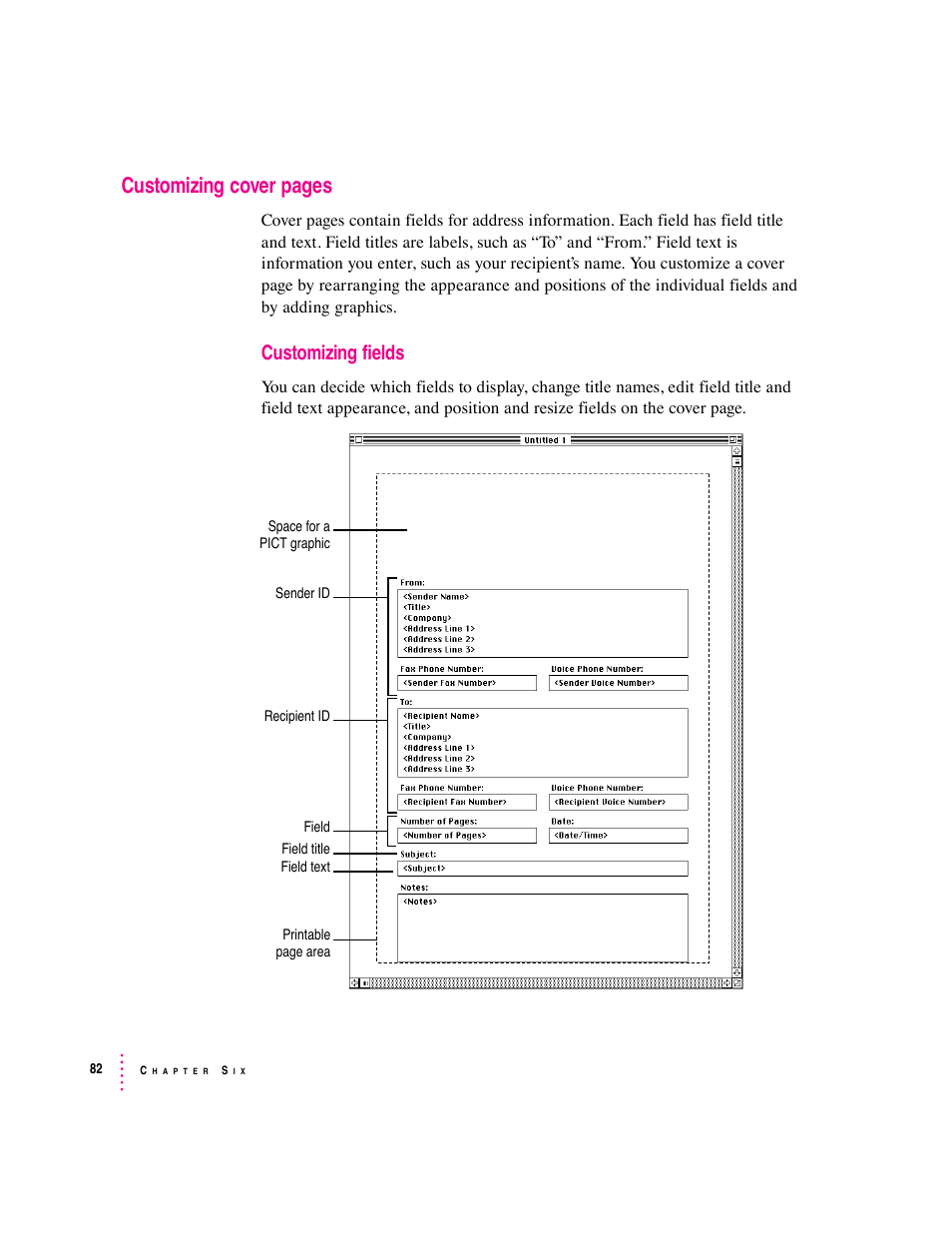 Customizing cover pages, Customizing fields | Apple Express Fax/Modem User Manual | Page 94 / 185