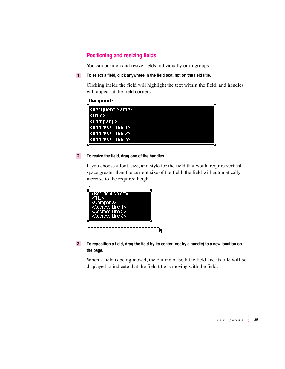 Positioning and resizing fields | Apple Express Fax/Modem User Manual | Page 97 / 185