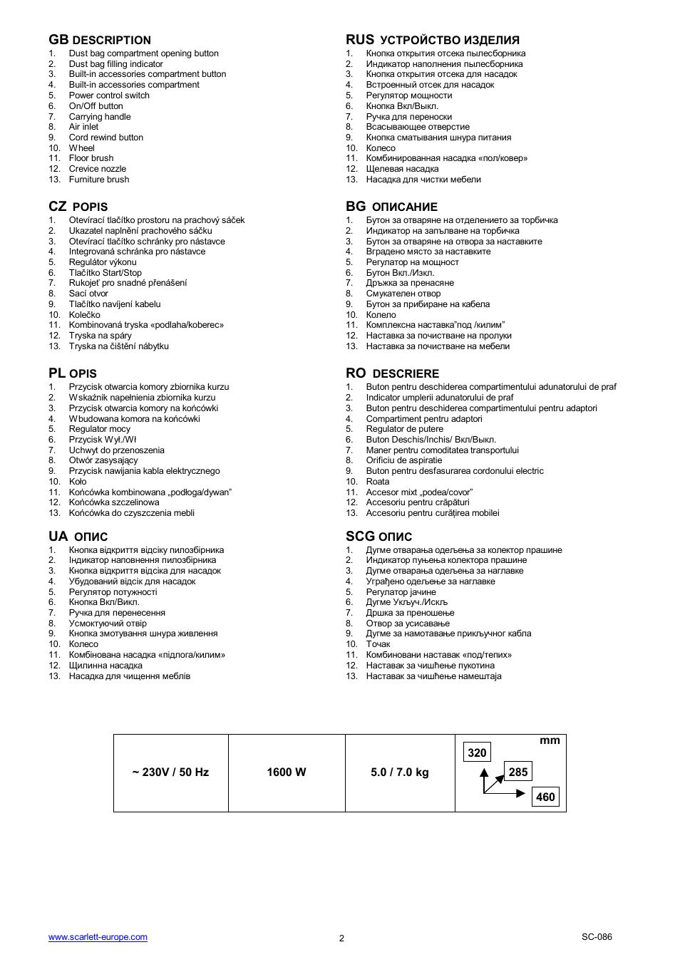 Ua scg | Scarlett SC-086 User Manual | Page 2 / 17