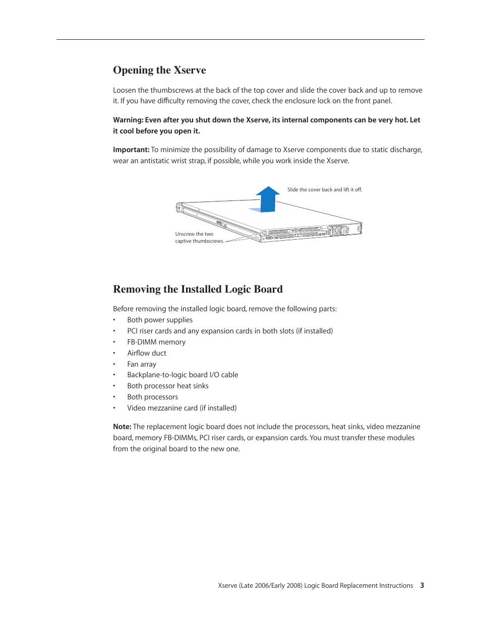 Opening the xserve, Removing the installed logic board | Apple Xserve (Early 2008) DIY Procedure for Logic Board User Manual | Page 3 / 31