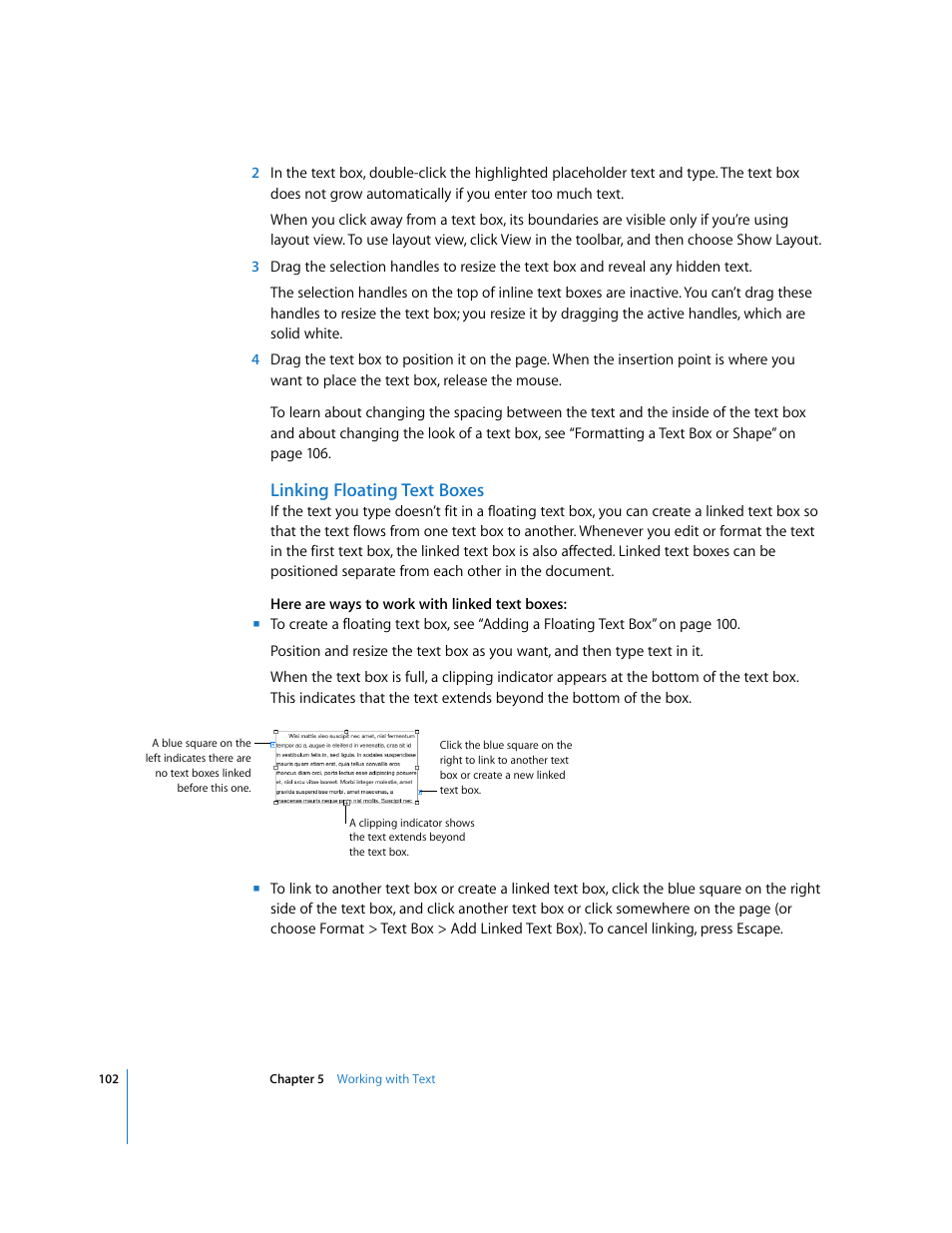 Linking floating text boxes | Apple Pages '08 User Manual | Page 102 / 246