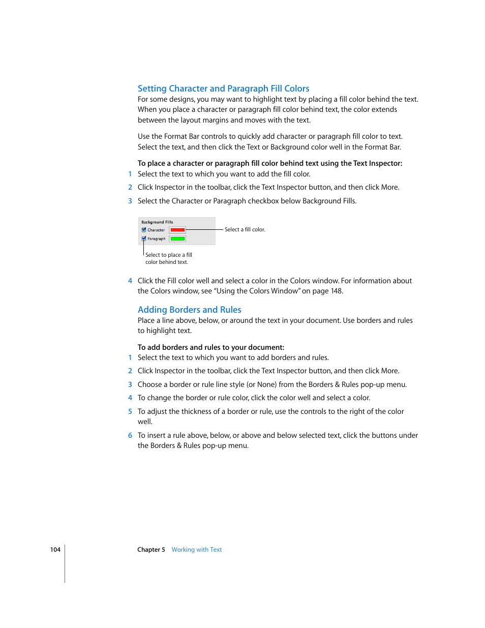 Setting character and paragraph fill colors, Adding borders and rules | Apple Pages '08 User Manual | Page 104 / 246