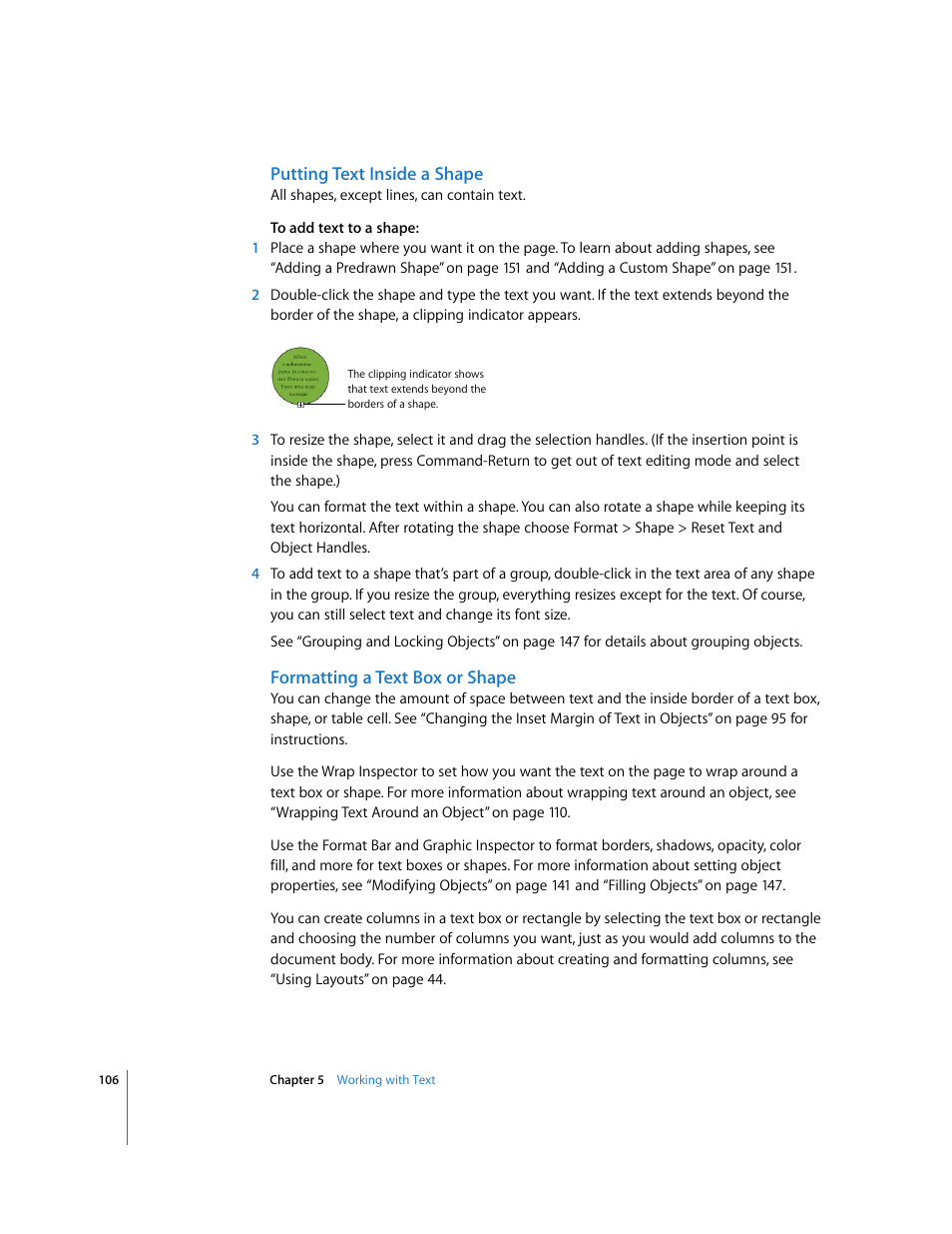 Putting text inside a shape, Formatting a text box or shape | Apple Pages '08 User Manual | Page 106 / 246