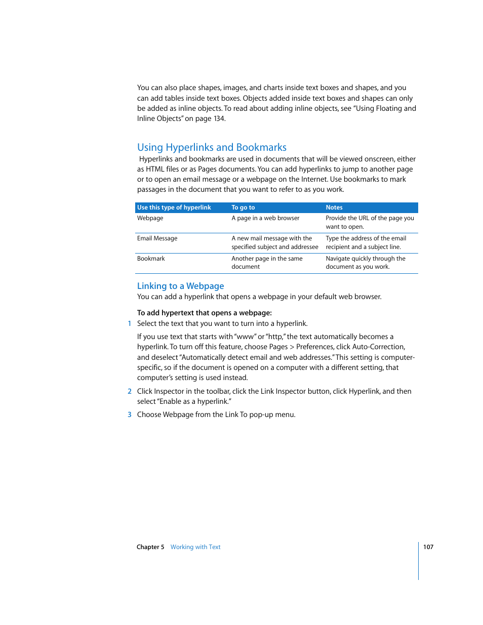 Using hyperlinks and bookmarks, Linking to a webpage | Apple Pages '08 User Manual | Page 107 / 246