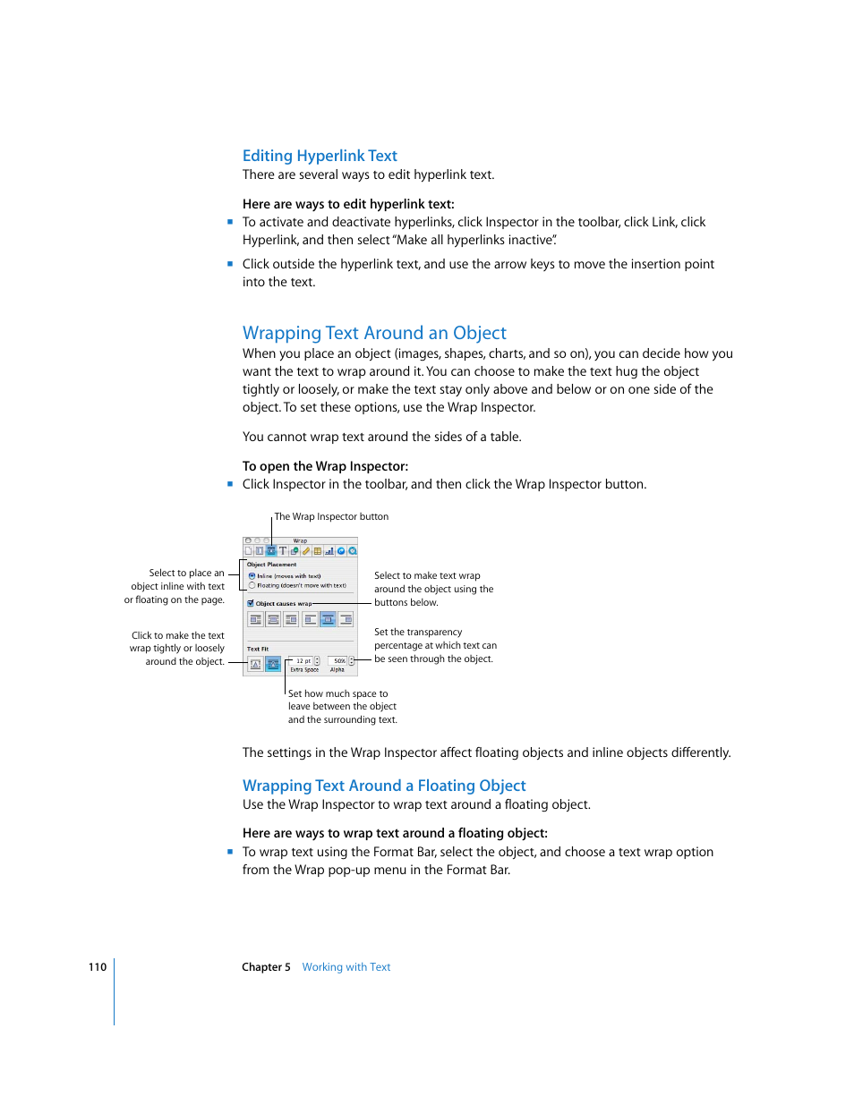 Editing hyperlink text, Wrapping text around an object, Wrapping text around a floating object | Apple Pages '08 User Manual | Page 110 / 246
