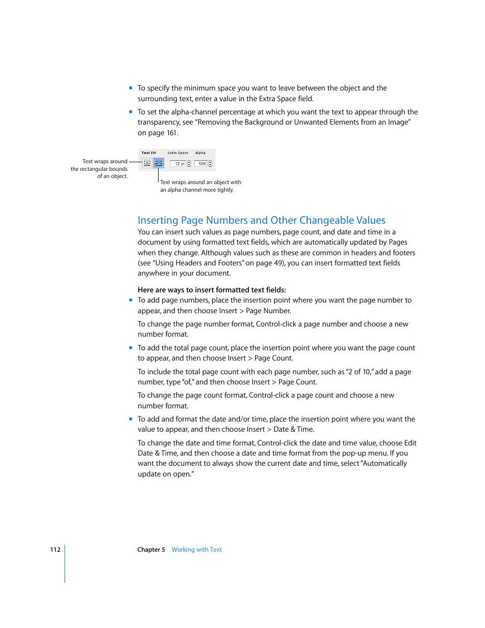 Inserting page numbers and other changeable values | Apple Pages '08 User Manual | Page 112 / 246