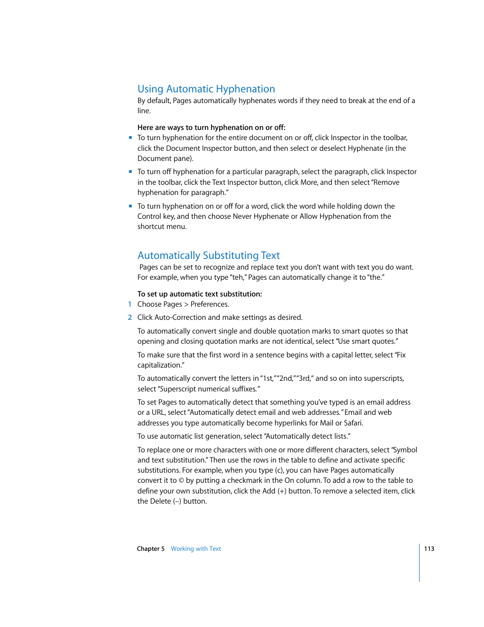 Using automatic hyphenation, Automatically substituting text | Apple Pages '08 User Manual | Page 113 / 246