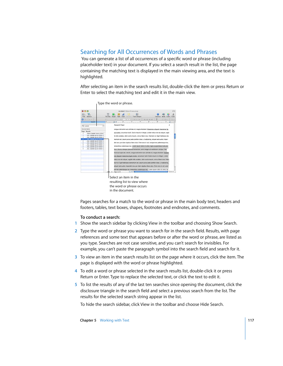 Searching for all occurrences of words and phrases | Apple Pages '08 User Manual | Page 117 / 246