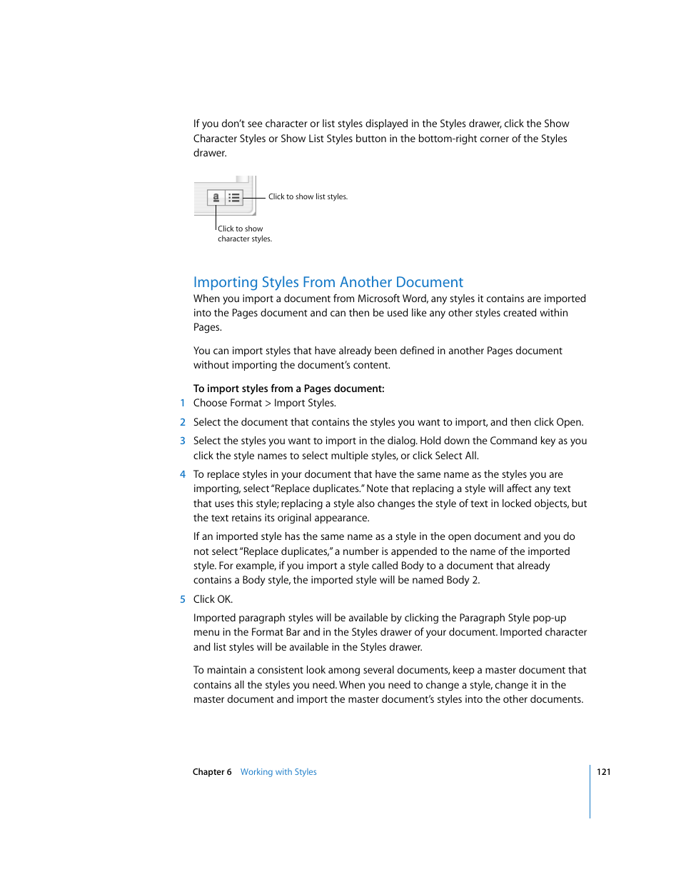 Importing styles from another document | Apple Pages '08 User Manual | Page 121 / 246