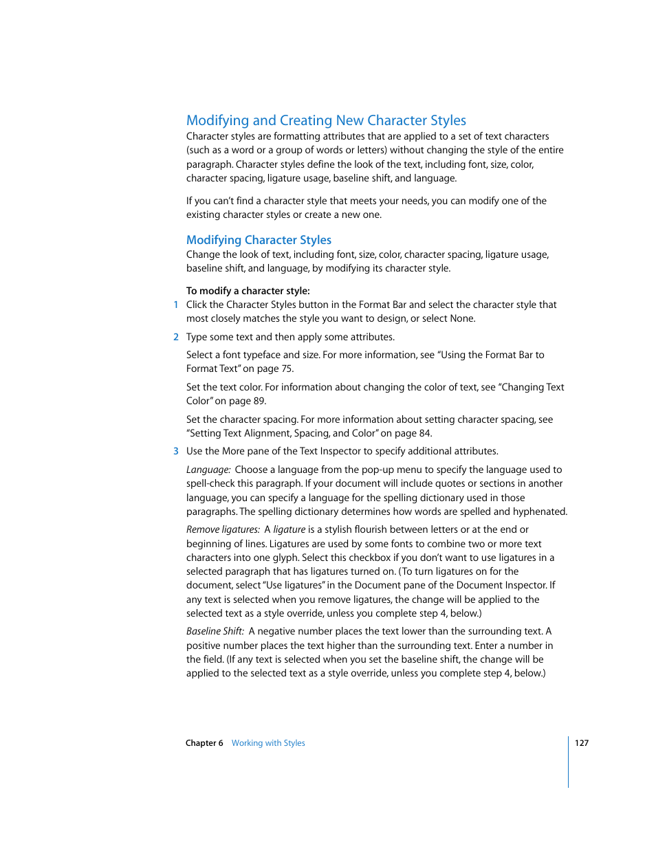 Modifying and creating new character styles, Modifying character styles | Apple Pages '08 User Manual | Page 127 / 246