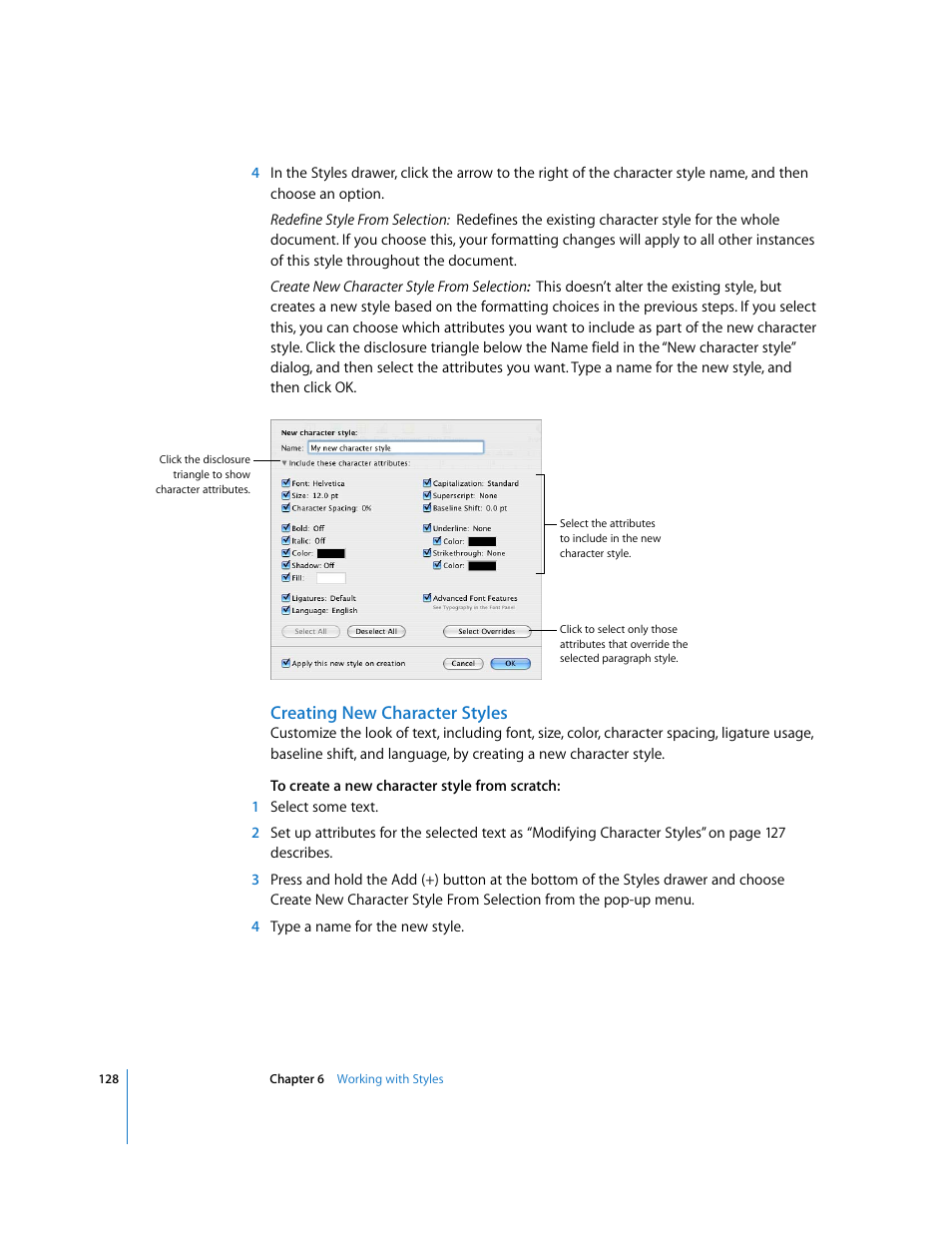 Creating new character styles | Apple Pages '08 User Manual | Page 128 / 246