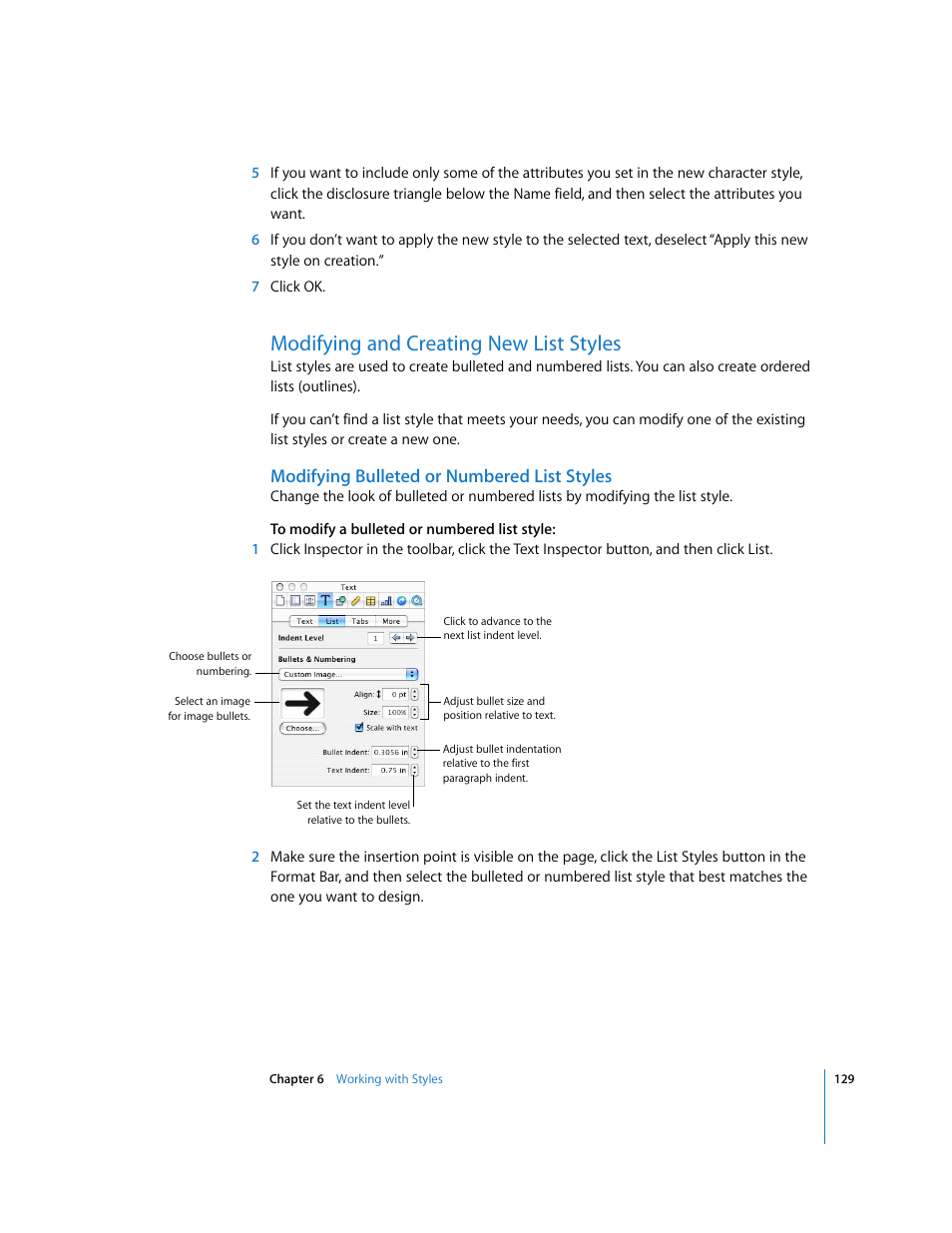 Modifying and creating new list styles, Modifying bulleted or numbered list styles | Apple Pages '08 User Manual | Page 129 / 246
