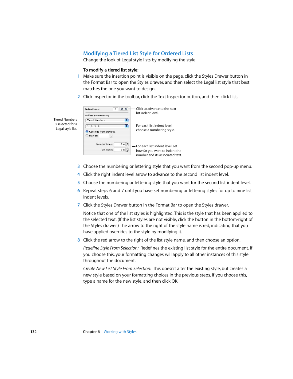 Modifying a tiered list style for ordered lists | Apple Pages '08 User Manual | Page 132 / 246