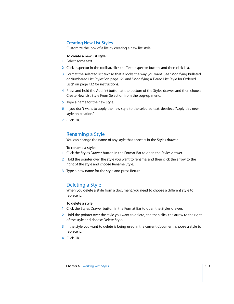 Creating new list styles, Renaming a style, Deleting a style | Apple Pages '08 User Manual | Page 133 / 246